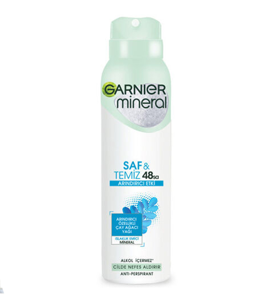 اسپری ضدتعریق زنانه گارنیر Mineral مدل Saf & Temiz حجم 150 میل ماندگاری 48 ساعته