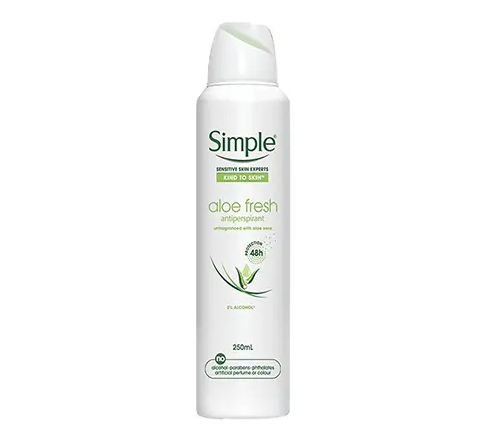 اسپری ضدتعریق زنانه سیمپل مدل Aloe Fresh حجم ۲۵۰ میل ماندگاری ۴۸ ساعته